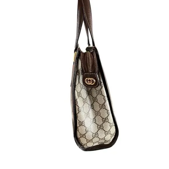 Vintage GUCCI Sherry Tote Wrist Handle Bag Purse GG Logo Brown Leather Authentic - Picture 6 of 16